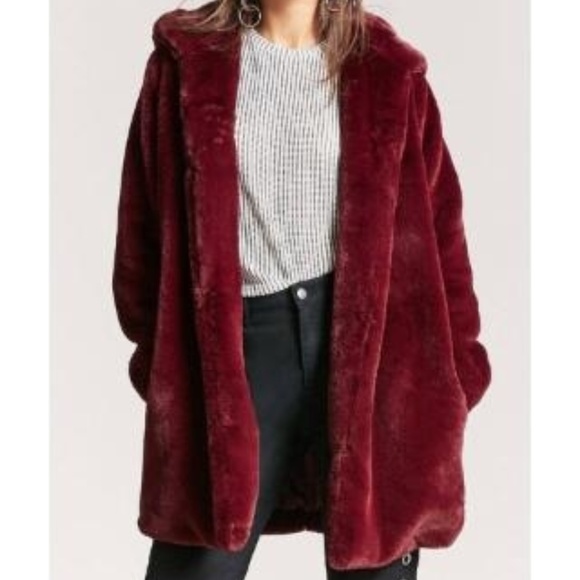 red hooded faux fur coat